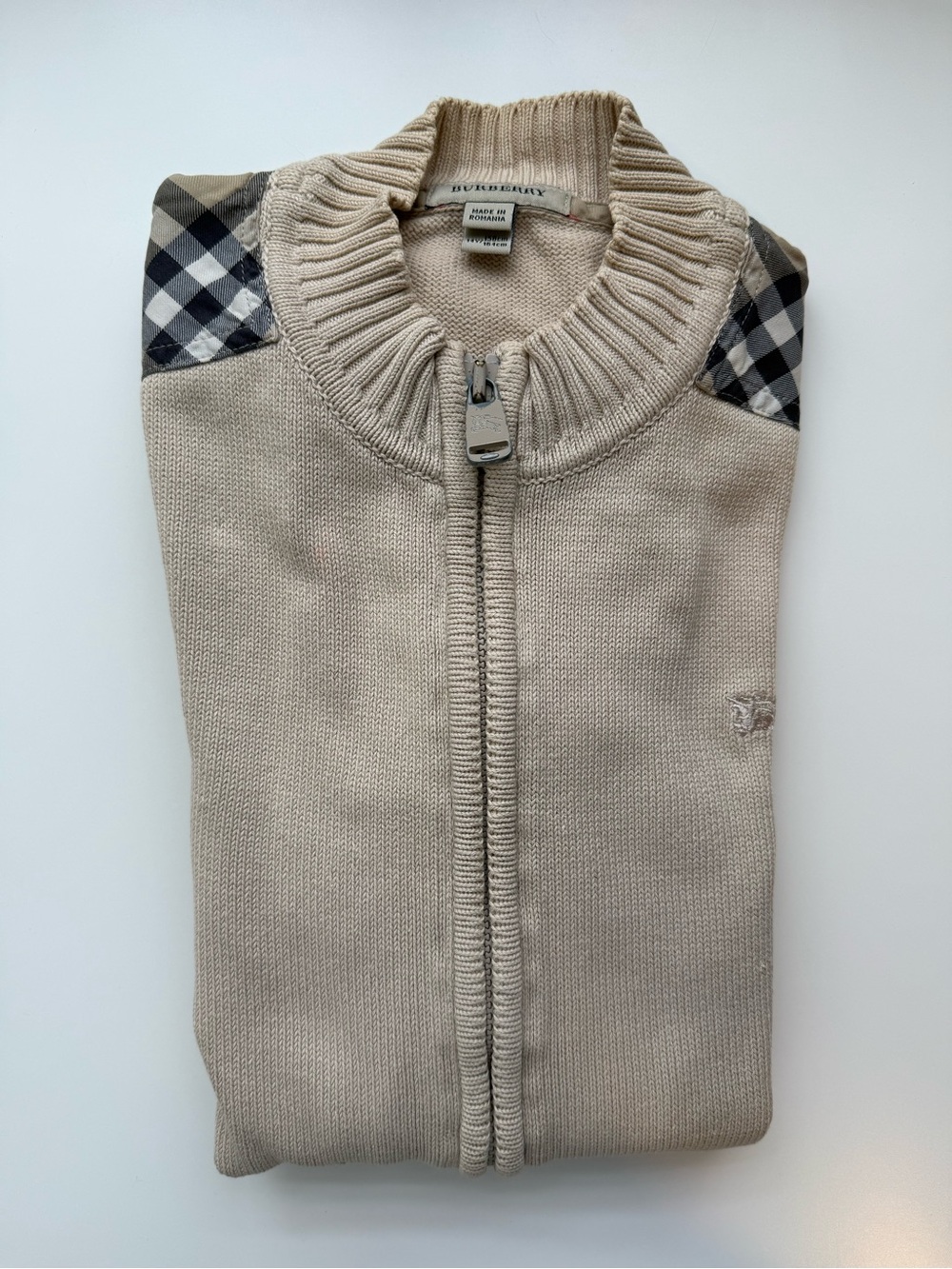 Burberry Men’s Cream Zip-Up Sweater with Check Shoulder Accents